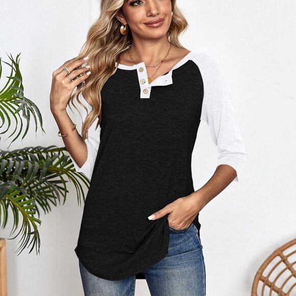 Women's Casual 3/4 Sleeve T Shirts Button V Neck Tunic Blouses Color Block Basic - Picture 2 of 6